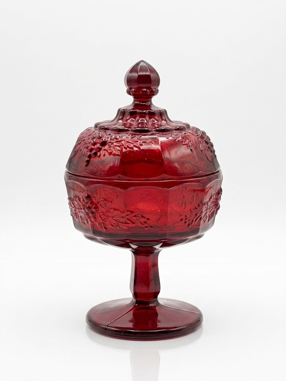 Vintage Jeannette Glass Ruby Red Harvest Grape Pedestal Candy Dish Bowl